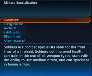 This mini screenshot from "Mass Effect" shows the information you are provided when starting a new character.