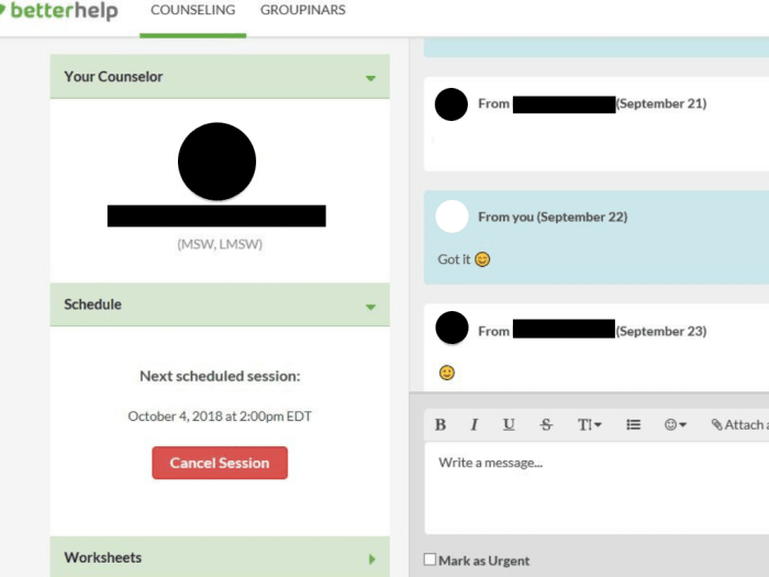 Here's a heavily censored screenshot of my "counseling room" on BetterHelp. Here you can see that whether I'm checking in on my iPhone or laptop, I can access my homework assignments and past conversations with my therapist all in one place.