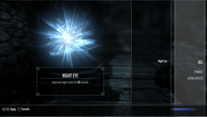 The original Skyrim User Interface showing your characters available magic spells.