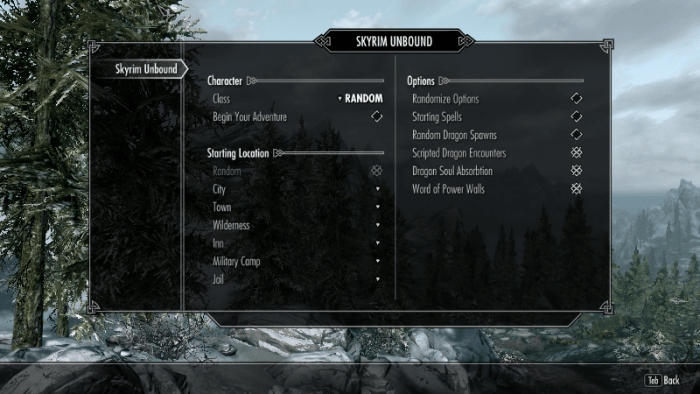 Configurable options for the Skyrim Unbound mod when using Sky UI in Skyrim.
