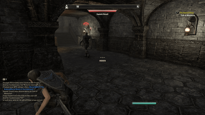 Hiding from guards while infiltrating the territory of the Indorils of Kragenmoor during the Aggressive Negotiations quest of The Elder Scrolls Online.