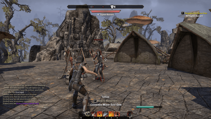 Battling Dunveril on the outskirts of Kragenmoor during the Vengeance for House Dres quest in The Elder Scrolls Online.