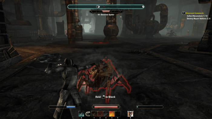 Battling a Dwarven Spider construct during the Dissonant Commands quest in The Elder Scrolls Online.