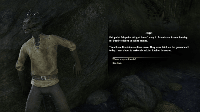 Bijot, an Argonian skulking about The Skin-Stealer's Lair in The Elder Scrolls Online. He has a proposal for you.