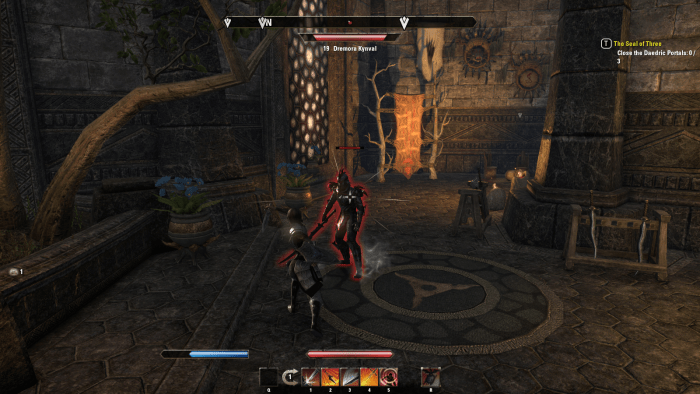Battling a demon that has befouled a sacred temple of Mournhold in The Seal of Three quest in The Elder Scrolls Online.