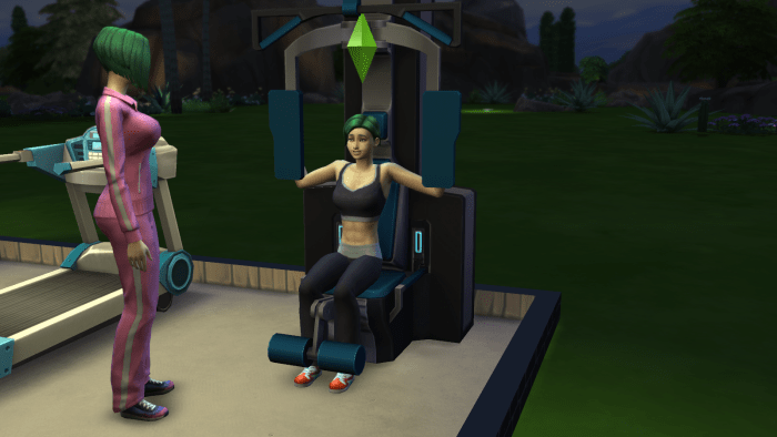 A sim on a weight machine, working on her Fitness skill. Note how sims become more toned as they work out.