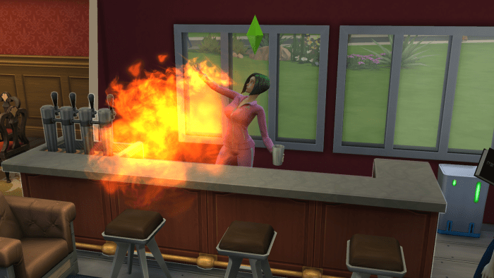 A sim performing another Mixology trick in The Sims 4, breathing fire for no one in particular. Disappointing.