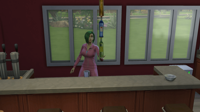 A bartender using her Mixology skill to perform tricks in "The Sims 4." The higher the Mixology, the more skills the sim will know.