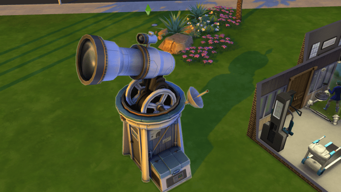 A telescope being used by a Sim in "The Sims 4". Like microscopes, telescopes offer up extra goodies—and can earn you a decent living with enough work.