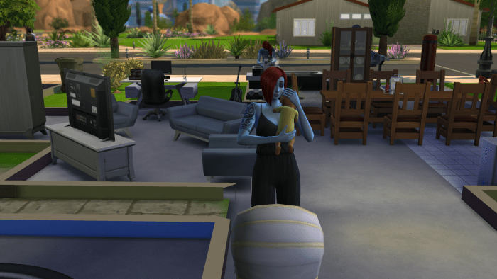 A baby sim being comforted by an adult sim in The Sims 4. Babies can turn into children as quickly as you like.
