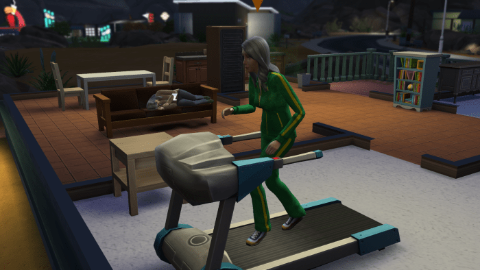 Here is an elder Sim on a treadmill in "The Sims 4". Push your older Sims too hard, and they may die of exhaustion.