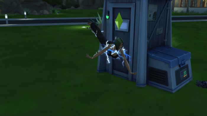 A Sim being electrocuted in "The Sims 4." Never repair electrical items if your Sim has a low Handiness skill.