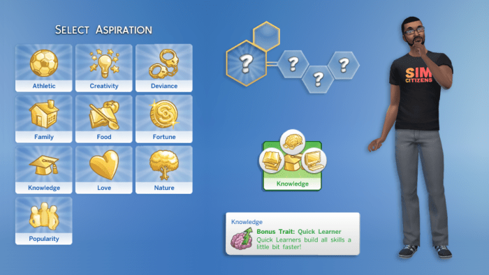 You choose your Sim's Aspiration when you create them, but you can change it at any time during the game.