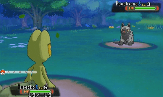 A starter Treecko battles a wild Poochyena in the first battle of "Pokémon Omega Ruby and Alpha Sapphire."