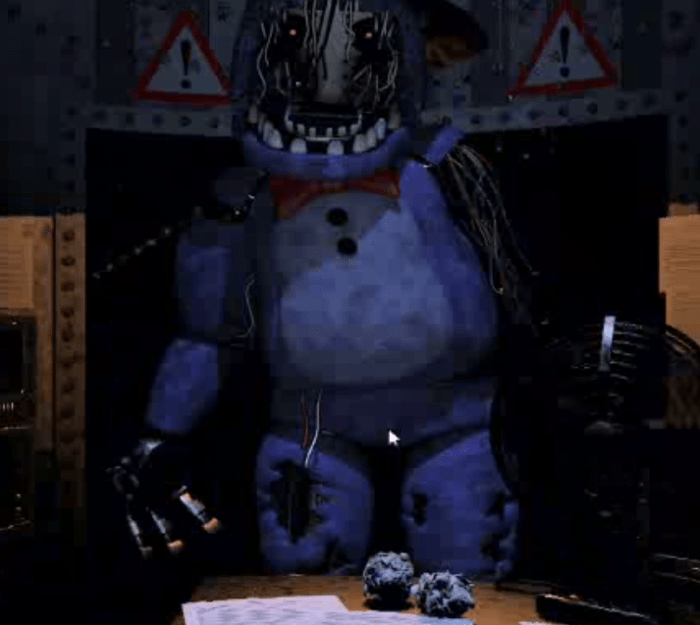Bonnie hulks over the desk. If you see this screen without putting on the Freddy Fazbear Head, you're probably dead already.