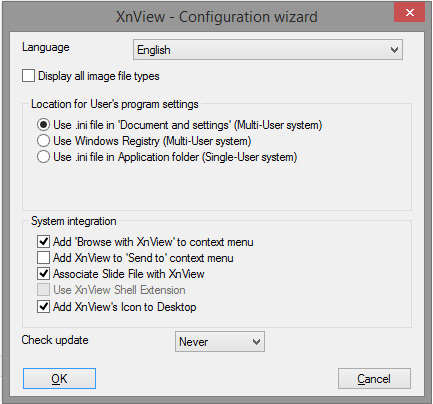 The initial configuration screen for XnView, click OK to accept the default values.