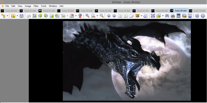 XnView showing the contents of a texture file in "Skyrim" from the mod VictoriaG Load Screens.