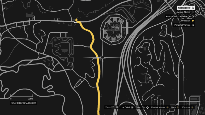 When you get to about here, on the GPS selected dirt road, start following the open plains until you get to the freeway. It will help you avoid the army of redneck gangsters that give chase.