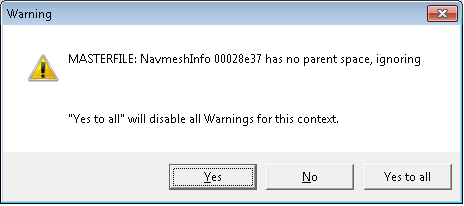 haga Clic en "Sí a Todo" si usted recibe esta advertencia al abrir Skyrim.esm en el Kit de Creación de Skyrim."Yes to All" if you receive this warning when opening Skyrim.esm into the Skyrim Creation Kit.