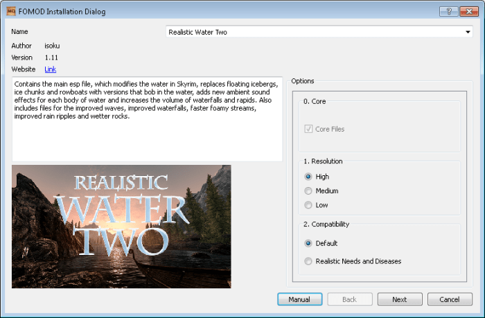 Mods with installers will need to be installed using a Mod Management Tool such as Nexus Mod Manager or Mod Organizer.