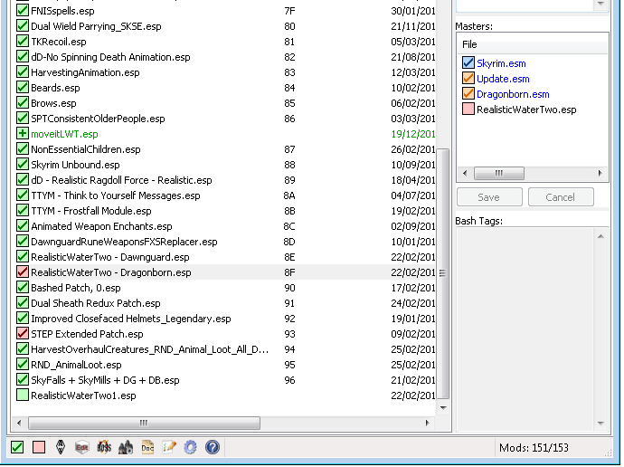Wyre Bash has identified that one of your Skyrim mods (coloured red) is missing dependencies which will cause potential crashes or other issues in game.