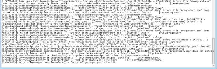 exemplu de papirus "Skyrim" sau jurnal de accident care arată cauza unui accident."Skyrim" Papyrus or crash log showing the cause of a crash.