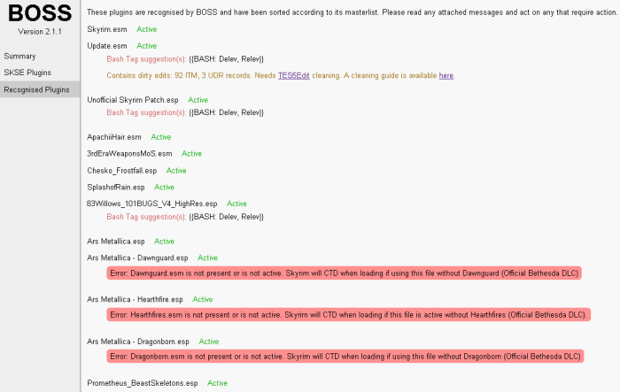 Un esempio di output dall'analisi di BOSS delle mie mod Skyrim installate.'s analysis of my installed "Skyrim" mods.