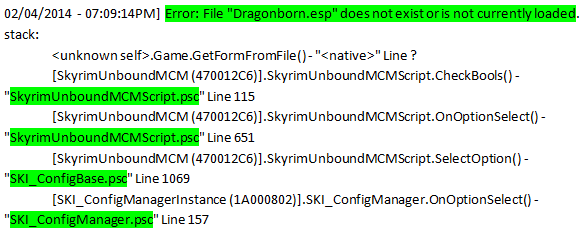 Abschnitt eines "Skyrim" -Absturzes oder Papyrusprotokolls mit den hervorgehobenen Teilen, die die Ursache der Abstürze anzeigen."Skyrim" crash or Papyrus log with the parts that show the cause of the crashes highlighted.