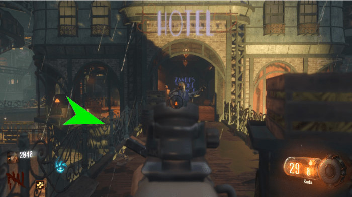 The Eagle Statue can also be on this walkway, leading into the building with the perk machine.