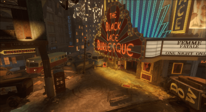 Located in the Footlight District directly in front of the Black Lace Burlesque.