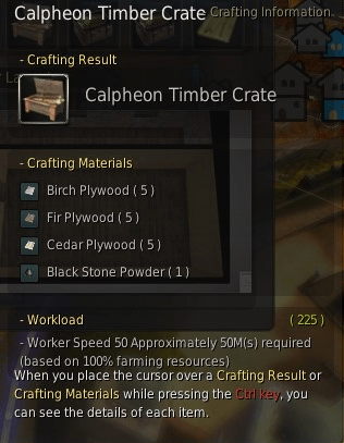 The required materials and time needed to produce a single Calpheon timber crate.