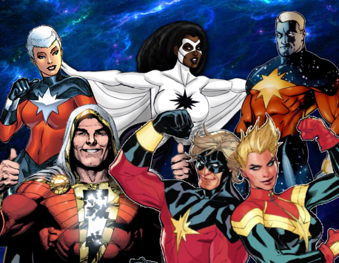 Six Captain Marvels from left to right, Phyla-Vell, Captain Marvel (Shazam!), Monica Rambeau, Captain Mar-Vell, Carol Danvers, and Genis-Vell