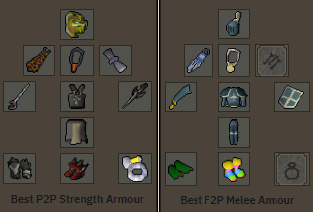 The best melee gear for P2P and for F2P, note that on a Slayer task, the Black Mask or Slayer Helm will be better than the Serpentine Helm