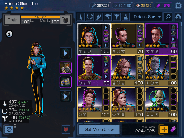 Crew is sort-able by vaious means or searchable. You can select them as favorites, throw them out the airlock, or merely admire them here.