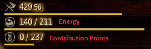 In the top left corner, you can see your energy and contribution points. The image shows 141 energy available of a total of 211 and 0 contribution points of a total of 237.