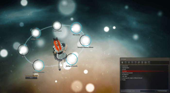 The knowledge screen where you can see all the knowledge you have gained and what you still need to find. On the bottom right you can see what you need to gain energy.