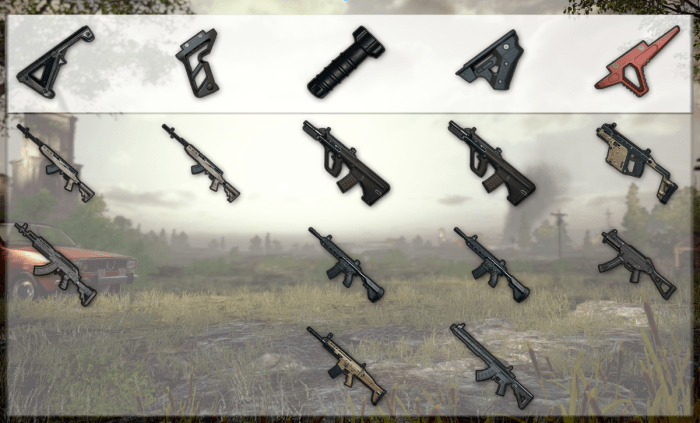 My recommendation for how to attach various weapons. It is worth noting that it's perfectly reasonable to use combinations not shown here, particularly with the vertical and angled grip.