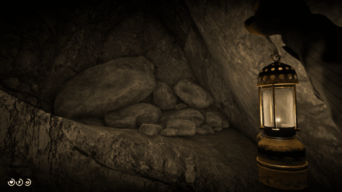 Kind of Elder Scrollsish isn't it? The treasure is among this pile of rocks and will be on your left when you descend the slope.