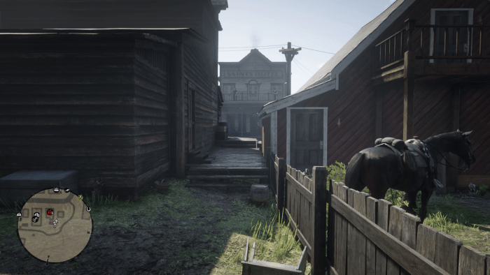 The back alley of the General Store in Valentine. Go in through the front door and use this back way as your escape route.