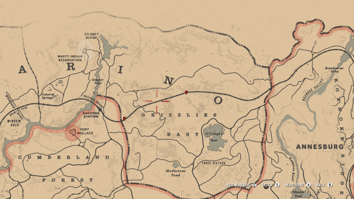The tunnel for the "perfect" train robbery is marked between the two red markers. The tunnel is up North in Ambarino.