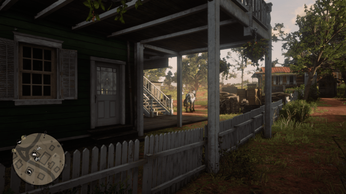 The back alley of the General Store in Rhodes. Have your horse facing North-West for a quick getaway out of town. Use the side door as your escape route.