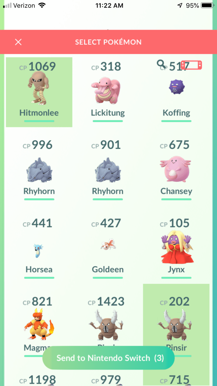Selecting Pokemon in Pokemon Go to transfer to the Nintendo Switch.