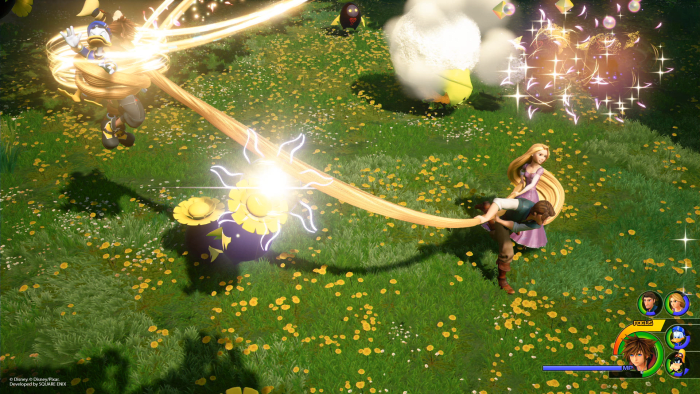 Disney's Rapunzel fighting Heartless in a team attack with Sora, Donald, and Goofy.