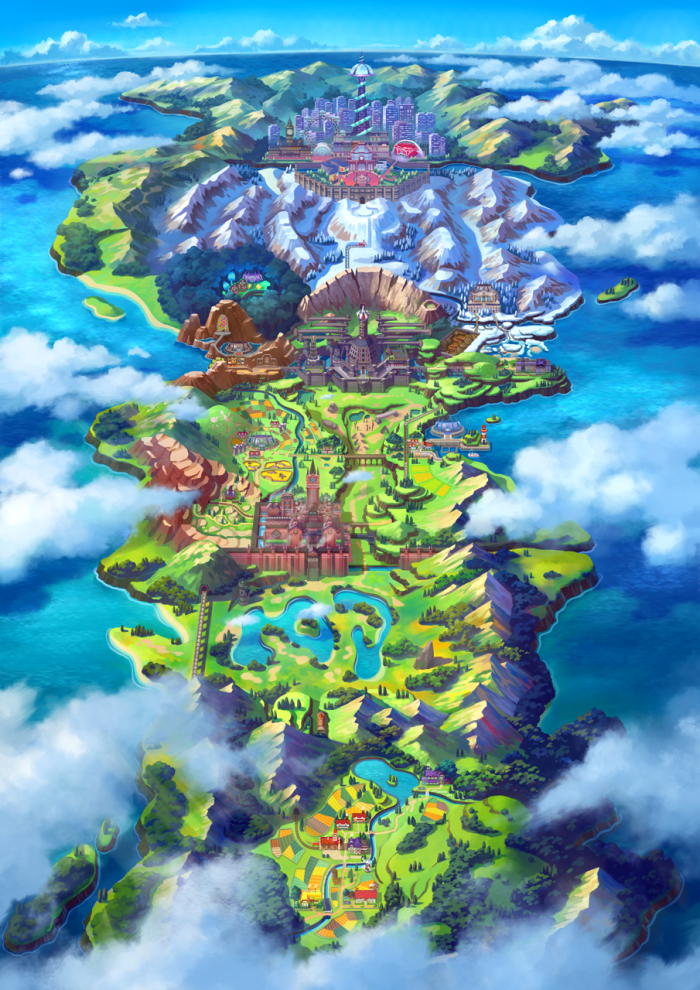 A map of the newly-revealed Galar region. Galar is based on the real-world Great Britain.