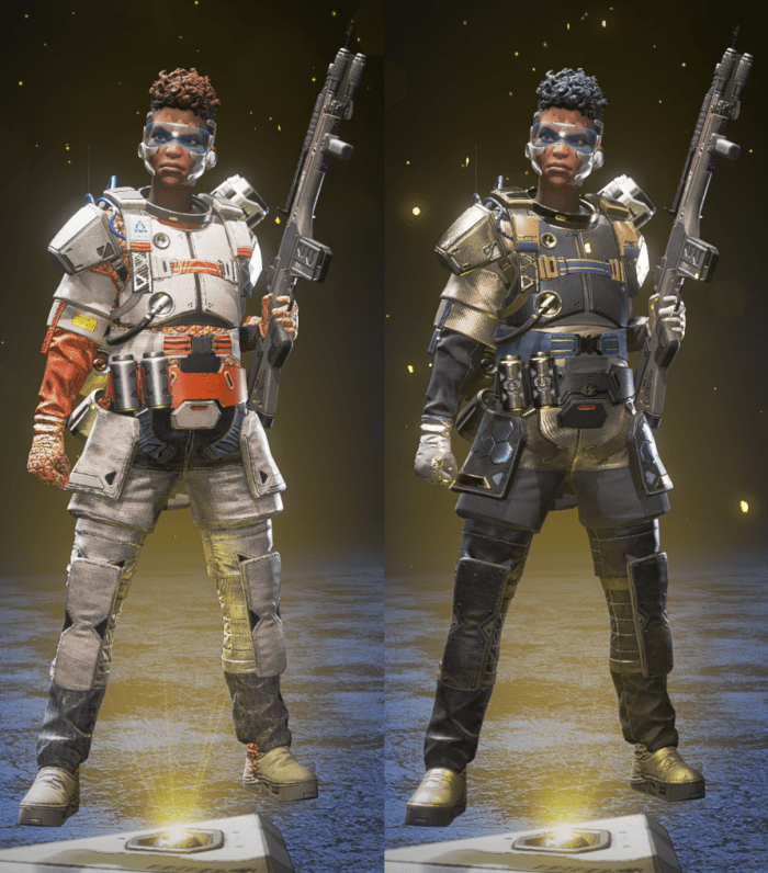 The left version is the default version of the Legendary skin "The Spacewalker" whereas on the right is the re-colored version available for purchase with Legend Tokens if you already own The Spacewalker.