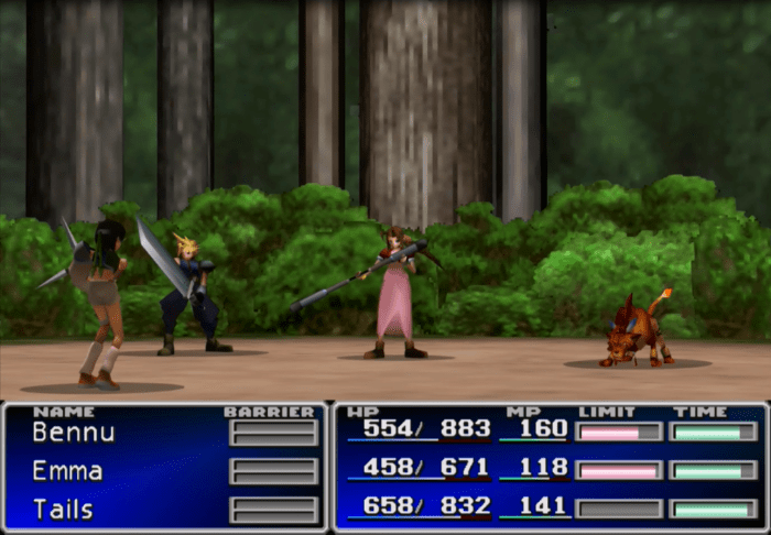 The game's battle system consists of three 3D-modelled party members engaging in turn-based combat with varying regional enemies and bosses.