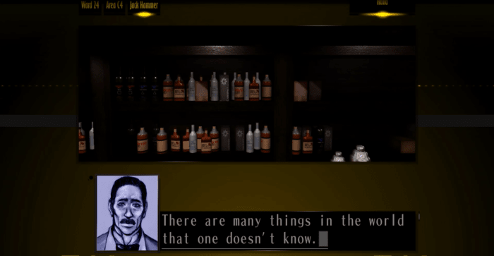 The Silver Case has a number of pre-rendered backgrounds which are visited at certain points of the game. Some places are re-visited more often than others such as the Jack Hammer bar.