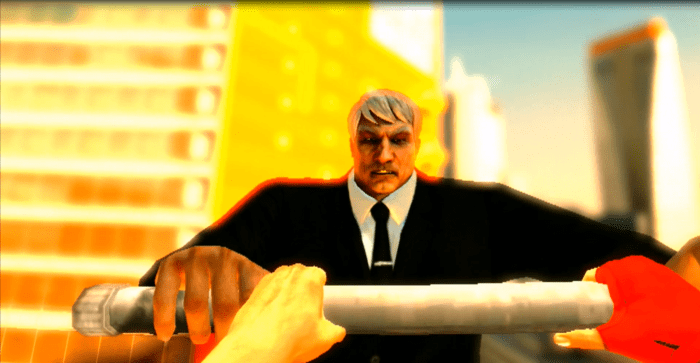 Faith encounters the ex-wrestler known as 'Ropeburn'. This scene showcases a sample of the game's real-time combat system.
