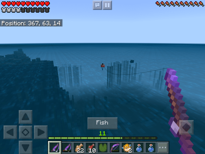 To fish in the PC version of "Minecraft," right click near water. To fish in the mobile version, simply press the 'fish' icon.