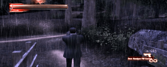 Francis York Morgan in the Wood Path segment of Greenvale. Note the red user interface which replaces the white one from the original release.